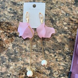 MS Accessorie Pink Floral Drop Earrings with Gold Chain and Pearl